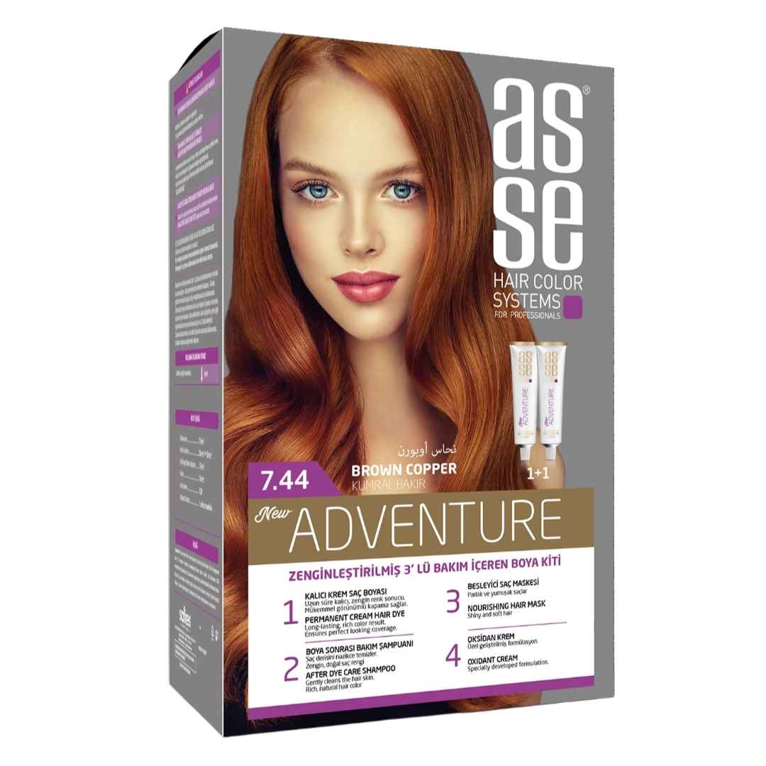 مشخصات، خرید و قیمت رنگ مو بدون آمونیاک آسه asse رنگ قهوه ای مسی شماره 7.44 دو تیوپ حجم 50 میل ⭐️ ویان مارکت