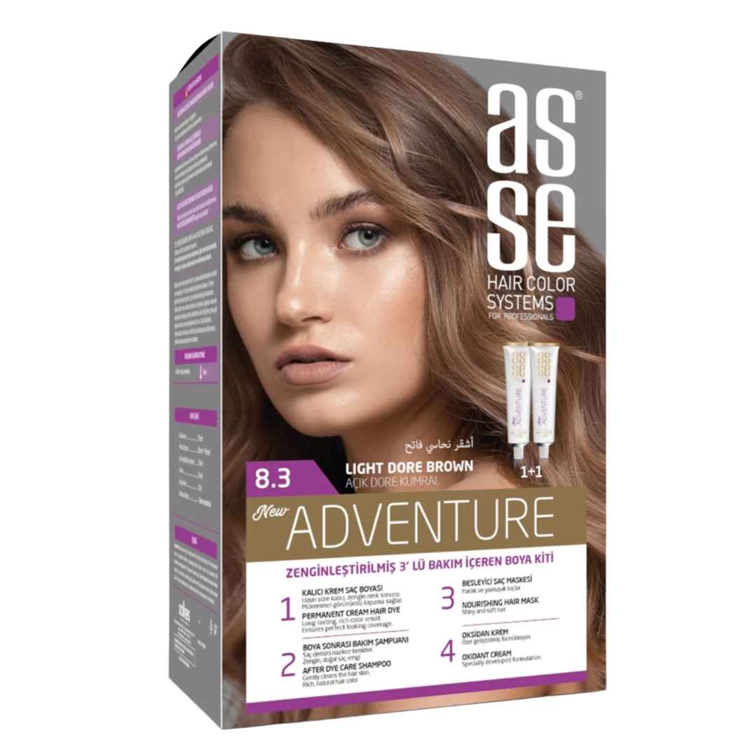 مشخصات، خرید و قیمت رنگ مو بدون آمونیاک آسه asse رنگ قهوه ای روشن شماره 8.3 دو تیوپ حجم 50 میل ⭐️ ویان مارکت