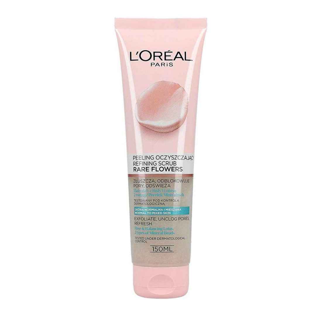 مشخصات، خرید و قیمت اسکراب صورت لورآل Loreal مدل Rare Flowers حاوی عصاره گل رز و نیلوفر آبی مناسب پوست نرمال تا مختلط حجم 150 میل ⭐️ ویان مارکت